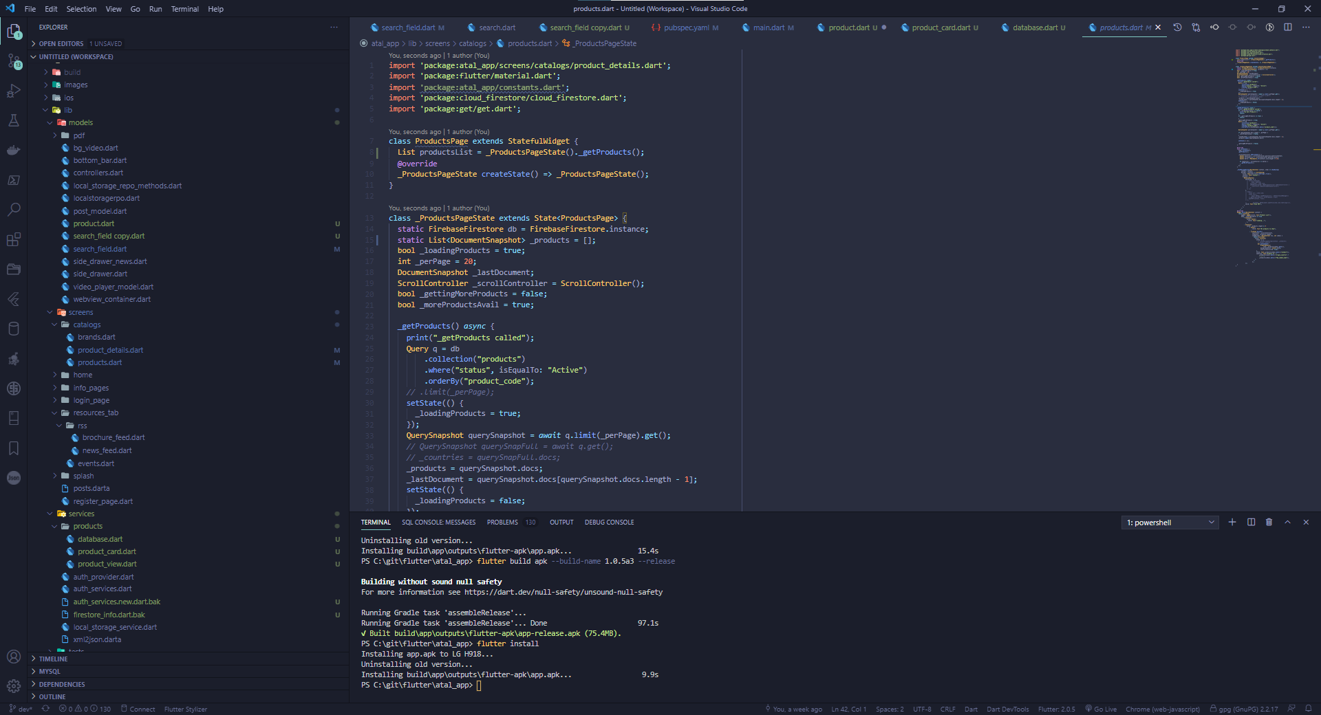 Screenshot of VSCode displaying Flutter Mobile app development
